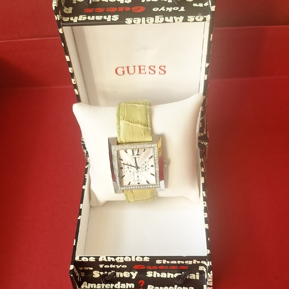 Guess Silver Square Watch with Lime Strap